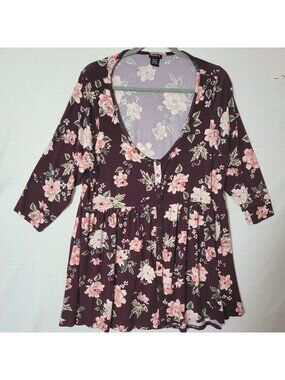 Torrid Tunic Top Womens Sz 1X Button Down 3/4 Sleeves Deep Plum & Pink Floral